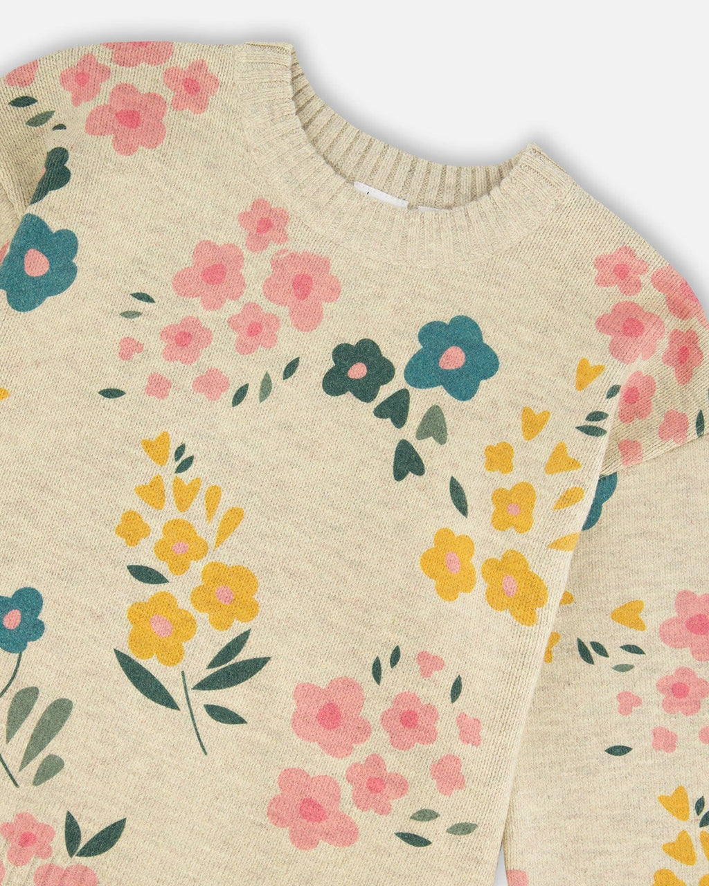 Knitted Sweater Heather Beige Gray With Floral Print