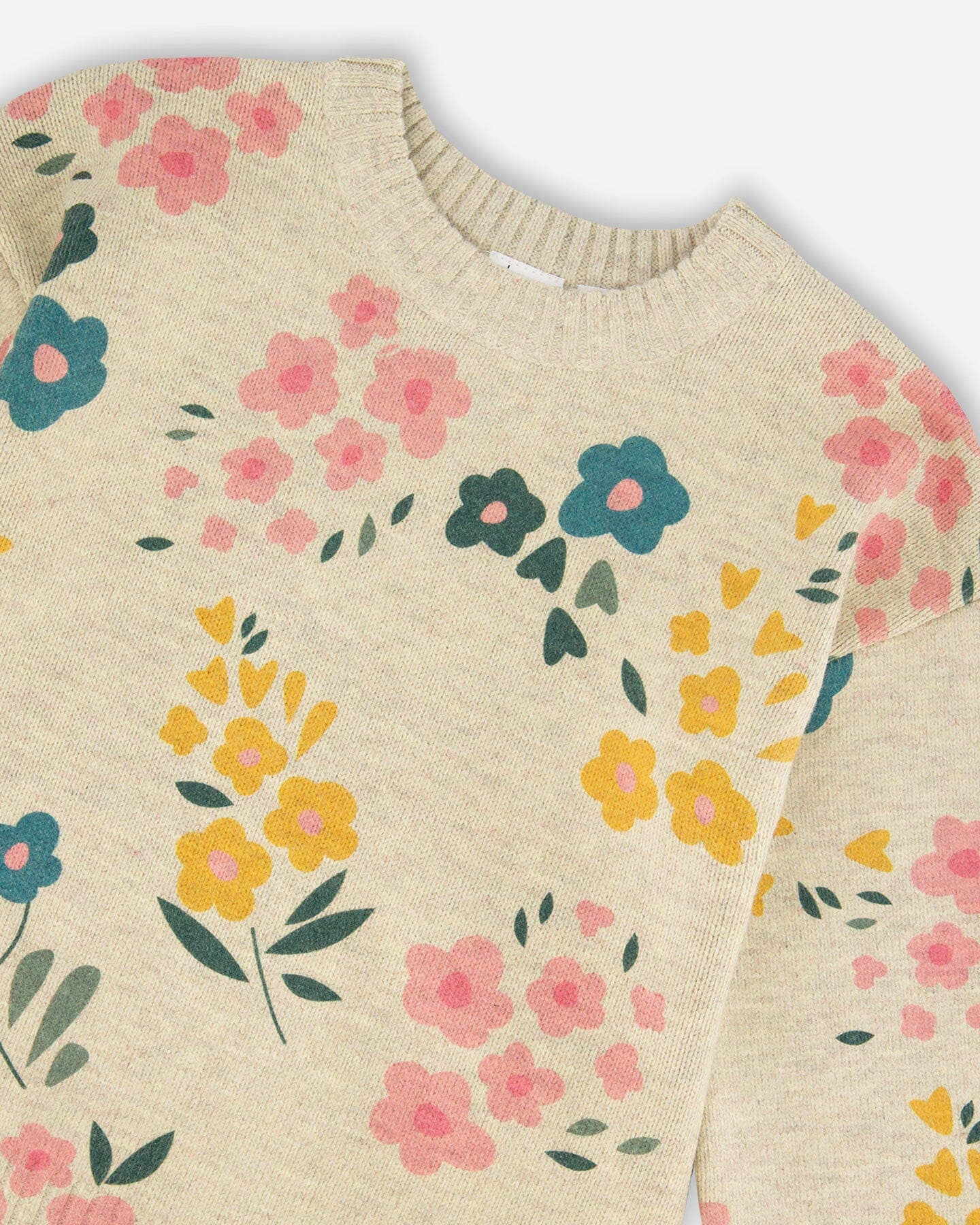 Knitted Sweater Heather Beige Gray With Floral Print