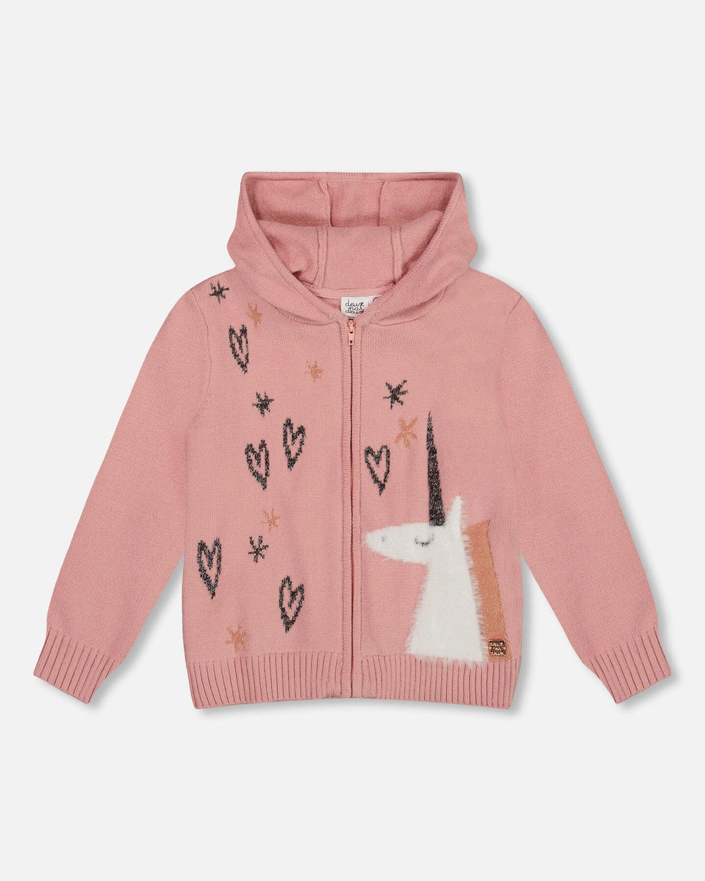 Hooded Knit Cardigan Dusty Pink With Unicorn Intarsia