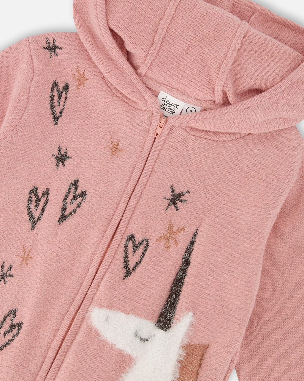 Hooded Knit Cardigan Dusty Pink With Unicorn Intarsia