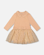 Bi-Material Dress With Glittering Skirt Beige
