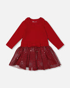 Bi-Material Dress With Glittering Skirt Red