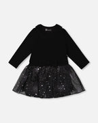Bi-Material Dress With Glittering Skirt Black