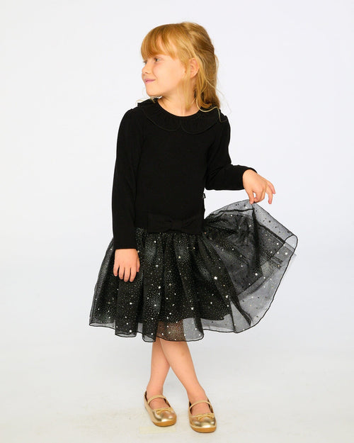 Bi-Material Dress With Glittering Skirt Black