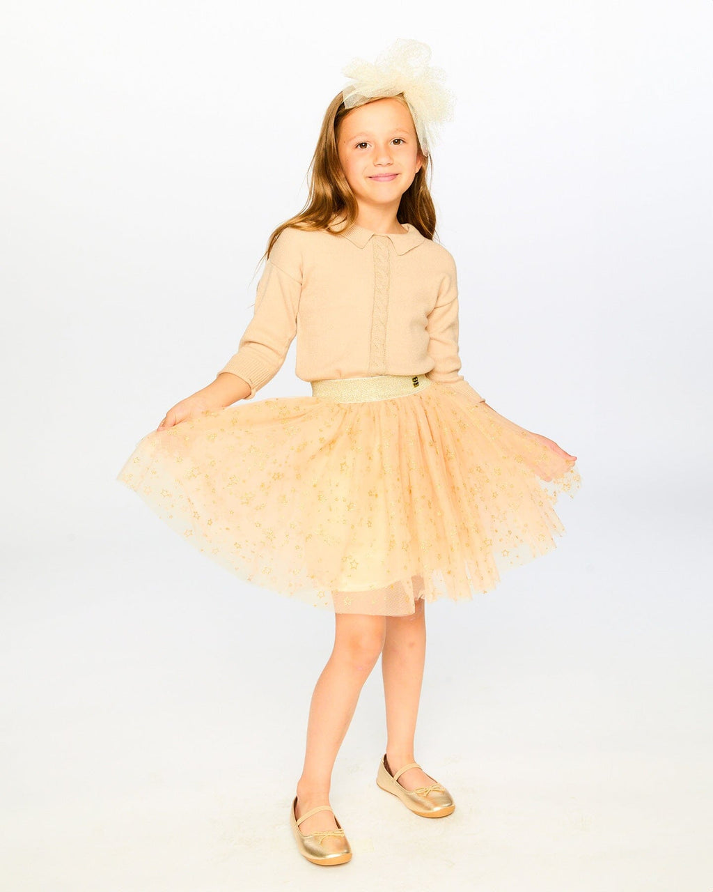 Glittering Mesh Skirt Party Dress Beige