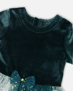 Bi-Material Short Sleeve Party Dress Forest Green