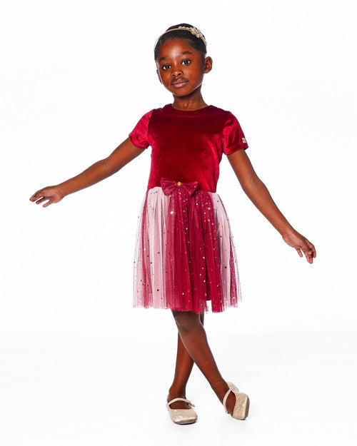 Bi-Material Short Sleeve Party Dress Red