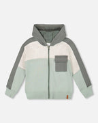 Full Zip Fleece Color Block Sweatshirt Green Gray